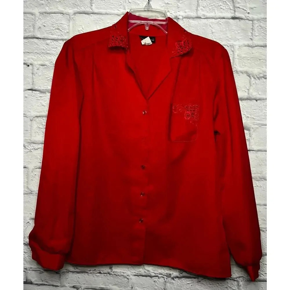 Vintage 80s Ann Chabrol red button up shirt blouse eyelet lace detail M.